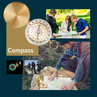 Collage of people using a compass with a close-up of a compass on a blue background.