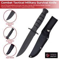 Combat Tactical Military Survival Knife with features highlighted on a white background